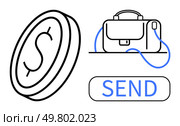 Coin with dollar sign, business briefcase, and Send button symbolize digital money transfer. Ideal for finance apps, banking, fintech solutions, e-commerce, online transactions, business services. Digital Currency Transfer Featuring Coin Icon, Briefcase, and Send Button for Financial Transactions. Стоковая иллюстрация, агентство Ingram Publishing / Фотобанк Лори