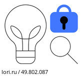 A light bulb lock and magnifying glass in a minimalist vector style. Ideal for innovation creativity security research and problem-solving themes. Simple lines and primary blue colors focus on the. Symbolic Elements of Innovation Security and Research with Light Bulb Lock and Magnifying Glass. Стоковая иллюстрация, агентство Ingram Publishing / Фотобанк Лори
