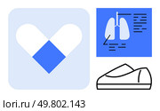 Heart-shaped pill icon, diagram of human lungs, and footwear outline. Ideal for healthcare, medicine, respiratory health, pharmaceutical industries, wellness, medical education, fitness. Line. Medical Health Concept with Heart-Shaped Pill, Lung Diagram, and Comfortable Footwear Icon. Стоковая иллюстрация, агентство Ingram Publishing / Фотобанк Лори