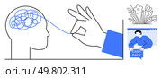 A hand untangling a complex line from a human head symbolizing clarity. Next to it, a person holds a cashback sign under flowers in a pot. Ideal for mental health, problem-solving, financial. Unraveling Thoughts and Financial Strategies. Стоковая иллюстрация, агентство Ingram Publishing / Фотобанк Лори