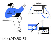 Person with laptop pointing, a briefcase icon, and a phishing hook targeting credentials. Ideal for cybersecurity, online safety, business security, technology awareness, corporate training, IT. Businesswoman with Laptop Guides, Icon of Briefcase, and Phishing Hook with Credentials. Стоковая иллюстрация, агентство Ingram Publishing / Фотобанк Лори