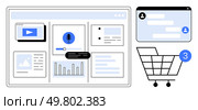 Digital dashboard on web browser with various widgets, including video player, voice command, analytics, shopping cart with notification, and user chat window. Ideal for tech, e-commerce. Digital Dashboard Display with Web Browser, Shopping Cart Notification, and User Chat Window. Стоковая иллюстрация, агентство Ingram Publishing / Фотобанк Лори