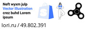 Blue shopping bag with S letter, female character in a white outfit with arm crossed, and black fidget spinner. Ideal for online shopping, e-commerce, youth engagement, trendy toys, modern business. Shopping Bag, Female Character, and Fidget Spinner While Explaining Something Related to Business. Стоковая иллюстрация, агентство Ingram Publishing / Фотобанк Лори