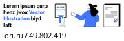Businesswoman pointing at mobile screen displaying HS code. Text document and sample filler text on left. Ideal for trade, mobile apps, documentation, office work, presentations, educational. Businesswoman pointing at mobile screen displaying HS code, next to a large document and sample text. Стоковая иллюстрация, агентство Ingram Publishing / Фотобанк Лори