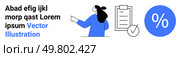 Woman pointing at a clipboard with a checklist, accompanied by a percentage sign and placeholder text. Ideal for business analytics, project planning, financial services, marketing strategies. Woman Pointing at Checklist and Percentage Sign with Placeholder Text for Business Concept. Стоковая иллюстрация, агентство Ingram Publishing / Фотобанк Лори