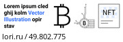 Bitcoin symbol, tech-linked coin, and NFT document. Ideal for finance apps, blockchain websites, fintech blogs, crypto guides, NFT marketplaces, investment tips, startup presentations. Landing page. Cryptocurrency Icons Featuring Bitcoin Symbols and NFT Elements with Placeholder Text. Стоковая иллюстрация, агентство Ingram Publishing / Фотобанк Лори