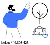 Man gesturing towards a tree diagram with a briefcase beside him. Ideal for business strategy, career growth, mentorship, planning, motivation, guidance, corporate training. Line metaphor. Man Pointing at Minimalist Tree Diagram Next to a Briefcase, Symbolizing Direction and Growth. Стоковая иллюстрация, агентство Ingram Publishing / Фотобанк Лори
