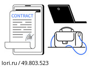 Digitally signed contract displayed on tablet screen, laptop, and briefcase. Ideal for business deals, digital agreements, remote work, corporate environments, legal industry, online transactions. Digitally Signed Contract on Tablet with Briefcase and Laptop Symbolizing Modern Business Solutions. Стоковая иллюстрация, агентство Ingram Publishing / Фотобанк Лори