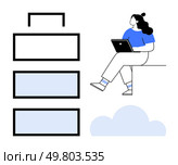 Woman with a laptop sitting next to a battery level icon showing multiple charging states, and a cloud. Ideal for tech, remote work, education, cloud computing, energy efficiency, productivity. Woman working on laptop with battery charging levels and a cloud in the background. Стоковая иллюстрация, агентство Ingram Publishing / Фотобанк Лори