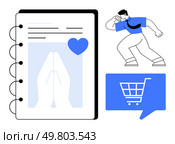 Man celebrating success, paper with praying hands and heart symbol, shopping cart icon in chat bubble. Ideal for online shopping, e-commerce, achievements, prayer, gratitude, journaling, digital. Man Celebrating Success, Shopping Cart Icon, and Notebook with Praying Hands and Heart Symbol. Стоковая иллюстрация, агентство Ingram Publishing / Фотобанк Лори