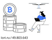 Woman sitting while holding laptop, with tall stacks of Bitcoin coins and a drone flying above. Ideal for technology, finance, cryptocurrency, modern business, innovation, digital transactions. Woman Using Laptop with Bitcoin Stacks and Drone Hovering. Стоковая иллюстрация, агентство Ingram Publishing / Фотобанк Лори