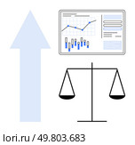 Upward arrow, data chart with graphs, and balanced scales. Ideal for finance, business growth, investment analysis, stability, law and order, progress, success. Line metaphor. Financial growth symbolized by upward arrow alongside data chart and balanced scales indicating stability. Стоковая иллюстрация, агентство Ingram Publishing / Фотобанк Лори