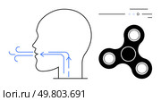 Human head exhaling air with arrows indicating airflow direction, accompanied by a three-pronged spinner toy. Ideal for health, mechanics, education, balance, science, relaxation, mindfulness themes. Human head exhaling air with arrows indicating airflow and spinner toy demonstrating balance concept. Стоковая иллюстрация, агентство Ingram Publishing / Фотобанк Лори