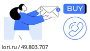 Person holding an envelope with three new messages, accompanied by a BUY button and a phone icon. Ideal for communication, online shopping, email marketing, notifications, customer support, sales. Person Holding Envelope with New Messages While Considering Communication and Purchase Options. Стоковая иллюстрация, агентство Ingram Publishing / Фотобанк Лори