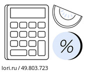 Black and white calculator, blue percentage sign, and a slice of pie. Ideal for financial planning, budgeting, accounting, business analysis, educational tools, cost estimation, and profit. Calculator with Percentage Symbol and Pie Slice Representing Financial Calculations and Budgeting. Стоковая иллюстрация, агентство Ingram Publishing / Фотобанк Лори