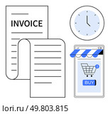 A clock, an invoice, and a smartphone displaying a shopping cart with a buy button. Ideal for e-commerce, online payments, digital invoices, time management, and retail themes. Modern, clean. Online Shopping and Invoicing Icon Set with Clock, Receipts, and Mobile Cart. Стоковая иллюстрация, агентство Ingram Publishing / Фотобанк Лори