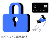 Padlock with keyhole, credit card with contactless symbol, individual using tablet. Ideal for online security, financial technology, e-commerce, data protection, digital identity, secure payments. Padlock and Credit Card with Individual Using Tablet Representing Secure Online Transactions. Стоковая иллюстрация, агентство Ingram Publishing / Фотобанк Лори