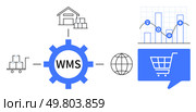 Warehouse, shipping, and sales icons connected to central WMS gear, alongside global network and analytics charts. Ideal for logistics, e-commerce, inventory management, data tracking, supply chain. Warehouse Management System Integration for Optimized Inventory and Sales Tracking. Стоковая иллюстрация, агентство Ingram Publishing / Фотобанк Лори