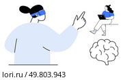 Woman wearing VR headset pointing forward, another woman seated with tablet, brain diagram nearby. Ideal for tech education, VR training, cognitive studies, e-learning, futuristic presentations. Virtual Reality Training Session with Female Participants and Brain Diagram in Minimalist Style. Стоковая иллюстрация, агентство Ingram Publishing / Фотобанк Лори
