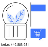 Sprouting leaves enclosed in a transparent dome, a blue flag to the right, blue speech bubble with shopping cart icon. Ideal for business, eco-friendly products, startups, branding, innovation. Growth concept with sprouting leaves in dome, speech bubble with shopping cart icon, and blue flag. Стоковая иллюстрация, агентство Ingram Publishing / Фотобанк Лори