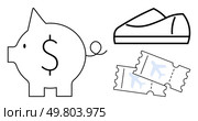 Piggy bank with dollar sign, a pair of plane tickets, and a shoe. Ideal for budgeting, travel planning, financial education, savings goals, personal finance, money management, and lifestyle choices. Saving Money for Travel and New Shoes with Piggy Bank, Plane Tickets, and Footwear Overview. Стоковая иллюстрация, агентство Ingram Publishing / Фотобанк Лори