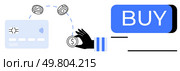 Hand holding coins, credit card, and BUY button for digital transactions. Ideal for e-commerce, online shopping, payment systems, financial technology, digital wallets, secure transactions, cashless. Digital Payment Concept with Hand Holding Coins, Credit Card, and BUY Button for E-commerce Transactions. Стоковая иллюстрация, агентство Ingram Publishing / Фотобанк Лори