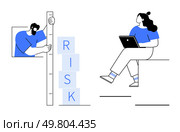 Man holding a ruler measuring the height of stacked blocks spelling RISK, woman with laptop seated nearby. Ideal for business risk management, data analysis, project planning, strategic decision. Risk Assessment Concept with Man Measuring Risk Levels and Woman on Laptop Analyzing Data. Стоковая иллюстрация, агентство Ingram Publishing / Фотобанк Лори