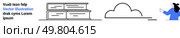 Stack of books, cloud, and person with a tablet. Ideal for education, technology, modern learning, digital transformation, cloud storage, knowledge sharing, and online libraries. Banner for landing. Stack of Books, Cloud, and Person with Tablet Technology Meets Education and Cloud Storage Concepts. Стоковая иллюстрация, агентство Ingram Publishing / Фотобанк Лори