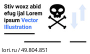 Skull and crossbones alongside descending blue arrows and text blocks in black and blue. Ideal for hazard alerts, safety warnings, educational materials, infographics, presentations, website design. Skull and Crossbones with Blue Arrows and Text for Warning or Hazard Alerts. Стоковая иллюстрация, агентство Ingram Publishing / Фотобанк Лори