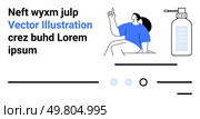 Person pointing upwards while sitting, a laptop, and a medical bottle with text elements. Ideal for healthcare, education, technology, minimal design, clean aesthetics, informational content. Modern Flat Design with Person, Laptop, and Medical Bottle for Informative Landing Pages. Стоковая иллюстрация, агентство Ingram Publishing / Фотобанк Лори