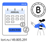 Calendar labeled Annual with subscription button, surrounded by currency symbols. Businesswoman pointing under Bitcoin symbol. Ideal for fintech, subscriptions, digital payments, blockchain. Subscription Plan Interface with Calendar, Bitcoin Symbol, and Businesswoman Illustrating Digital Payments. Стоковая иллюстрация, агентство Ingram Publishing / Фотобанк Лори