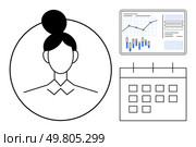 Female avatar with bun hairstyle in circle alongside a line graph analytics dashboard and a monthly calendar. Ideal for business planning, scheduling, data analysis, project management, time. Female avatar with bun hairstyle next to analytics dashboard and calendar, symbolizing data-driven scheduling. Стоковая иллюстрация, агентство Ingram Publishing / Фотобанк Лори
