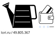 Watering can next to a wallet with credit cards, representing nurturing financial health and growth. Ideal for investment, saving, financial planning, budgeting, economic growth, wealth management. Watering can beside wallet with credit cards, symbolizing financial growth and investment. Стоковая иллюстрация, агентство Ingram Publishing / Фотобанк Лори