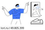 Person using VR headset interacts with a digital avatar and tech-enhanced shoe device. Ideal for virtual reality, digital innovation, gaming, technology integration, future tech, augmented reality. Exploring Virtual Reality Person Interacting with VR, Digital Avatar, and VR Shoe Device. Стоковая иллюстрация, агентство Ingram Publishing / Фотобанк Лори