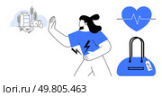 Person with hand extended in refusal toward dairy products, holding stomach with discomfort. Blue heart with heartbeat line, purse with price tag. Ideal for health, nutrition, lifestyle awareness. Human experiencing lactose intolerance symptoms, rejecting dairy, focusing on health and lifestyle. Стоковая иллюстрация, агентство Ingram Publishing / Фотобанк Лори