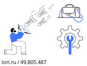 Man with shield deflecting DDOS attacks represented by missiles, briefcase, and cogwheel with wrench. Ideal for cybersecurity, data protection, tech support, network defense, IT solutions, cyber. Man defending against DDOS attacks with shield, briefcase, and cogwheel representing protection and repair. Стоковая иллюстрация, агентство Ingram Publishing / Фотобанк Лори
