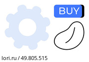 Gear cog, blue buy button, and abstract bean shape. Ideal for e-commerce, technology customization, purchase decisions, app interfaces, digital transactions, user interactions, online shopping. Line. Gear cog, blue buy button, and abstract bean shape representing e-commerce and customization. Стоковая иллюстрация, агентство Ingram Publishing / Фотобанк Лори
