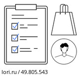Clipboard checklist with blue checkmarks, shopping bag, and user profile icon. Ideal for task management, shopping lists, customer feedback, business reviews, productivity, organization planning. Organized Shopping List with Checkmarks and Profile Icon for Customer Review and Evaluation. Стоковая иллюстрация, агентство Ingram Publishing / Фотобанк Лори