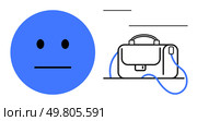 Neutral blue face and black line-art briefcase with blue headphones. Key themes emotion neutrality, work commute, professionalism, simplicity, modern lifestyle, communication, business travel. Line. Neutral Face with Briefcase and Blue Headphones, Minimalist Design with Simple Lines. Стоковая иллюстрация, агентство Ingram Publishing / Фотобанк Лори