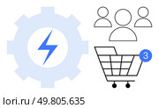 Gear with lightning bolt, three user icons, and a shopping cart with a 3 notification. Ideal for e-commerce, customer engagement, sales, online shopping, notifications, business automation. Gear with Lightning Bolt and Shopping Cart with User Icons Symbolizing E-commerce and Customer Engagement. Стоковая иллюстрация, агентство Ingram Publishing / Фотобанк Лори
