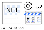 NFT certificate, key symbol, and online storefront with digital items. Ideal for digital art, blockchain security, e-commerce, NFTs, cryptocurrencies digital ownership online marketplaces. Line. Digital Certificate for NFT with Online Storefront and Key Symbol Highlighting Blockchain Concept. Стоковая иллюстрация, агентство Ingram Publishing / Фотобанк Лори