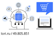 Human head silhouette with circuit brain linked to icons representing AI applications, shopping cart, and laptop. Ideal for technology, AI, machine learning, e-commerce, robotics, IoT, data security. Artificial Intelligence Integrating with Various Technologies for Enhanced E-commerce Solutions. Стоковая иллюстрация, агентство Ingram Publishing / Фотобанк Лори