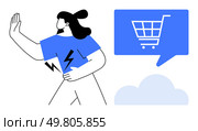Woman holding hand up to reject with shopping cart symbol in speech bubble. Ideal for e-commerce, consumer behavior, online shopping, digital marketing, decision-making, anti-consumerism, personal. Woman Rejecting Online Shopping Concept with Shopping Cart Symbol in Speech Bubble. Стоковая иллюстрация, агентство Ingram Publishing / Фотобанк Лори