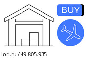 Warehouse with boxes, airplane symbol in blue circle, and buy button. Ideal for e-commerce, shipping, logistics, online shopping, global trade, inventory management, supply chain. Line metaphor. Warehouse with Boxes, Airplane Icon, and Buy Button Representing E-commerce and Shipping. Стоковая иллюстрация, агентство Ingram Publishing / Фотобанк Лори