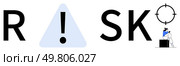 RISK spelled out with R, warning triangle with exclamation mark as I, S, and individual sitting in crosshairs as K. Ideal for finance, insurance, business, security, management education. Risk awareness concept with a warning triangle and individual in crosshairs. Стоковая иллюстрация, агентство Ingram Publishing / Фотобанк Лори