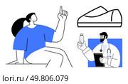 Doctor wearing coat and stethoscope holding a pill bottle, woman seated raising finger, medical slipper. Ideal for medical advice, healthcare, wellness, patient interaction, doctor-patient relations. Doctor holding a medicine bottle, seated woman with finger raised, and a medical slipper. Стоковая иллюстрация, агентство Ingram Publishing / Фотобанк Лори