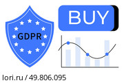 Blue GDPR shield with stars, large BUY button, and a chart with bars and a trend line. Ideal for data privacy, e-commerce security, online shopping, business analytics, regulatory compliance, data. GDPR Compliance and E-commerce Growth Concept with Data Security Shield and Purchase Button. Стоковая иллюстрация, агентство Ingram Publishing / Фотобанк Лори
