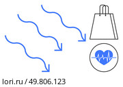 Downward arrows next to shopping bag and heartbeat symbolizing decline. Ideal for economic analysis, retail strategy, wellness reports, market shifts, consumer behavior, health trends, data. Downward Trends with Shopping Bag and Heartbeat Monitor Portraying Economic and Health Decline. Стоковая иллюстрация, агентство Ingram Publishing / Фотобанк Лори