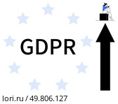 GDPR text surrounded by blue stars, with person thinking seated on a block and large upward arrow. Ideal for data protection, privacy laws, compliance, security, strategy, awareness education. Line. GDPR compliance concept with individual pondering on data privacy and security represented by arrow and stars. Стоковая иллюстрация, агентство Ingram Publishing / Фотобанк Лори