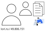 Two human icons, stack of documents, and shopping man with bags. Ideal for business, workflow, HR, communication, finance shopping themes. Line metaphor. Two abstract human icons, document stack, and man shopping with bags illustrating workflow and purchasing. Стоковая иллюстрация, агентство Ingram Publishing / Фотобанк Лори